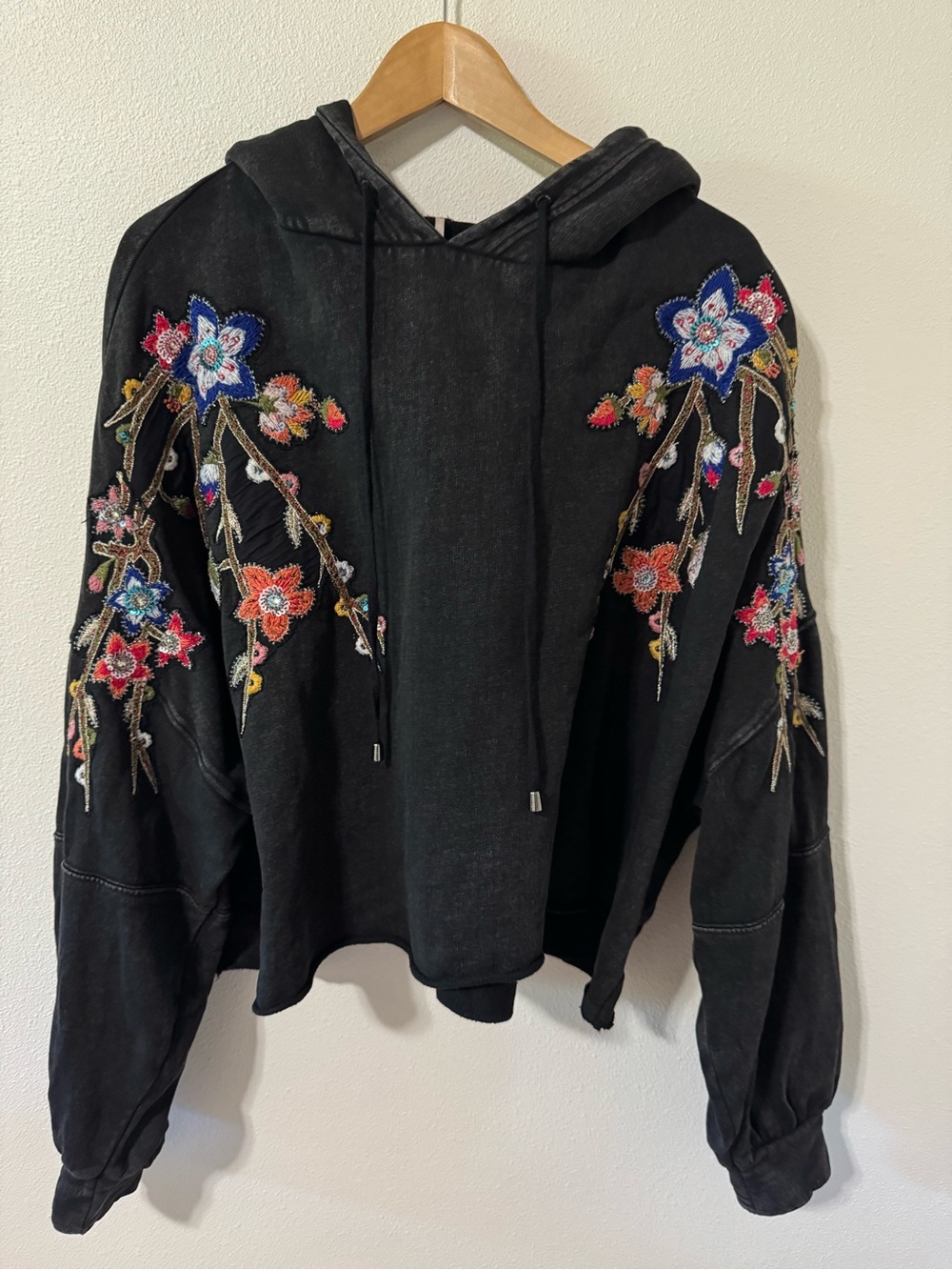 Free People Cherry Blossom Embroidered Beaded Sequin Hoodie Black Mineral-M/L - Picture 2 of 10